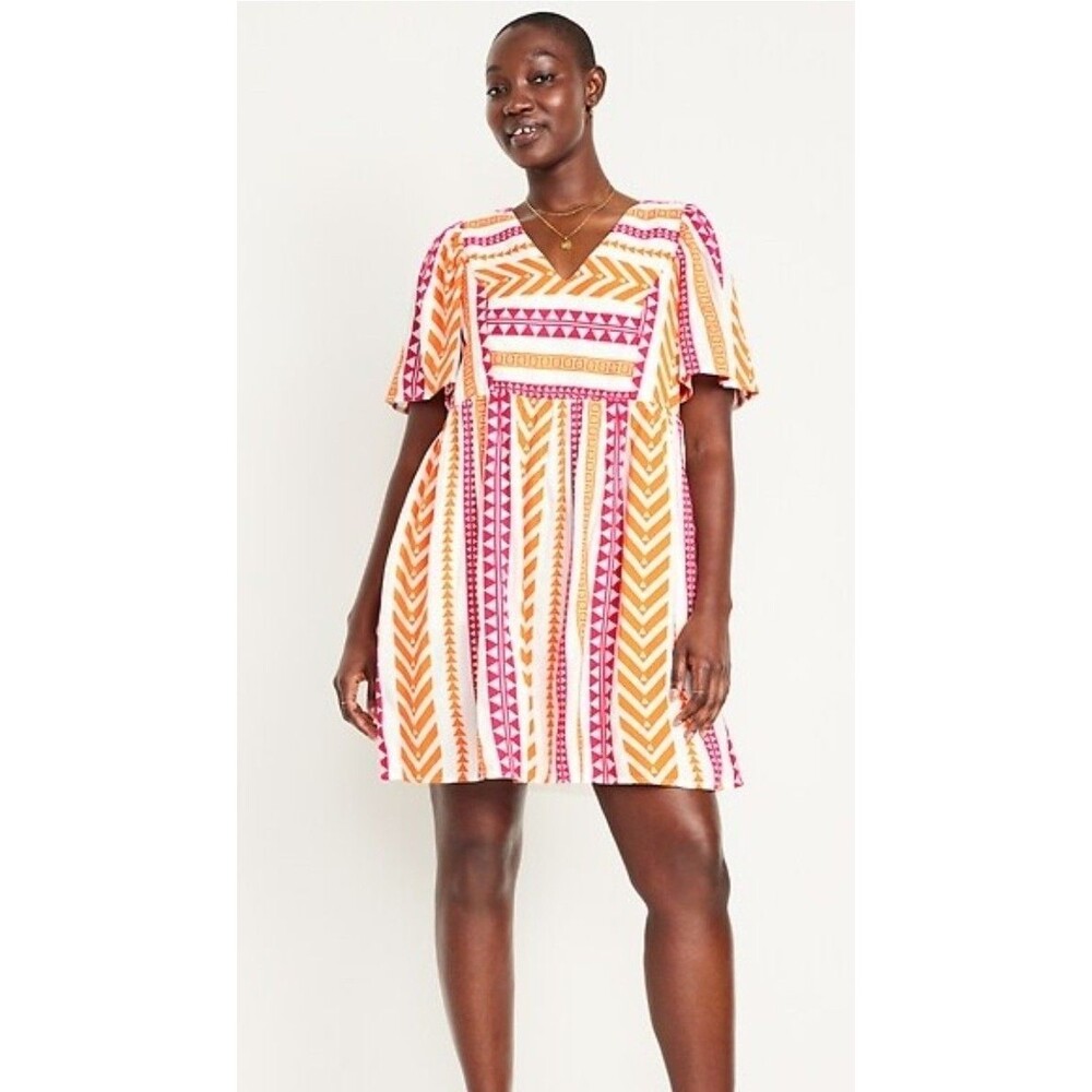 OLD NAVY PINK JAQUARD V NECK MINI SWING DRESS MED TALL BOHO EMPIRE WAIST CUTE